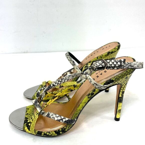 Ted Baker Theanaa Snakeskin Embossed Leather Heeled Sandals Neon Yellow size 37 - Picture 3 of 15